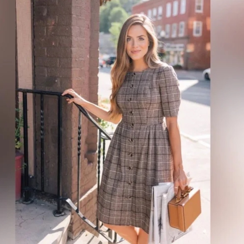 ❤️‍🔥BOGO free Gal Meets Glam Brown Square Neck Puff Plaid Tweed Midi Dress